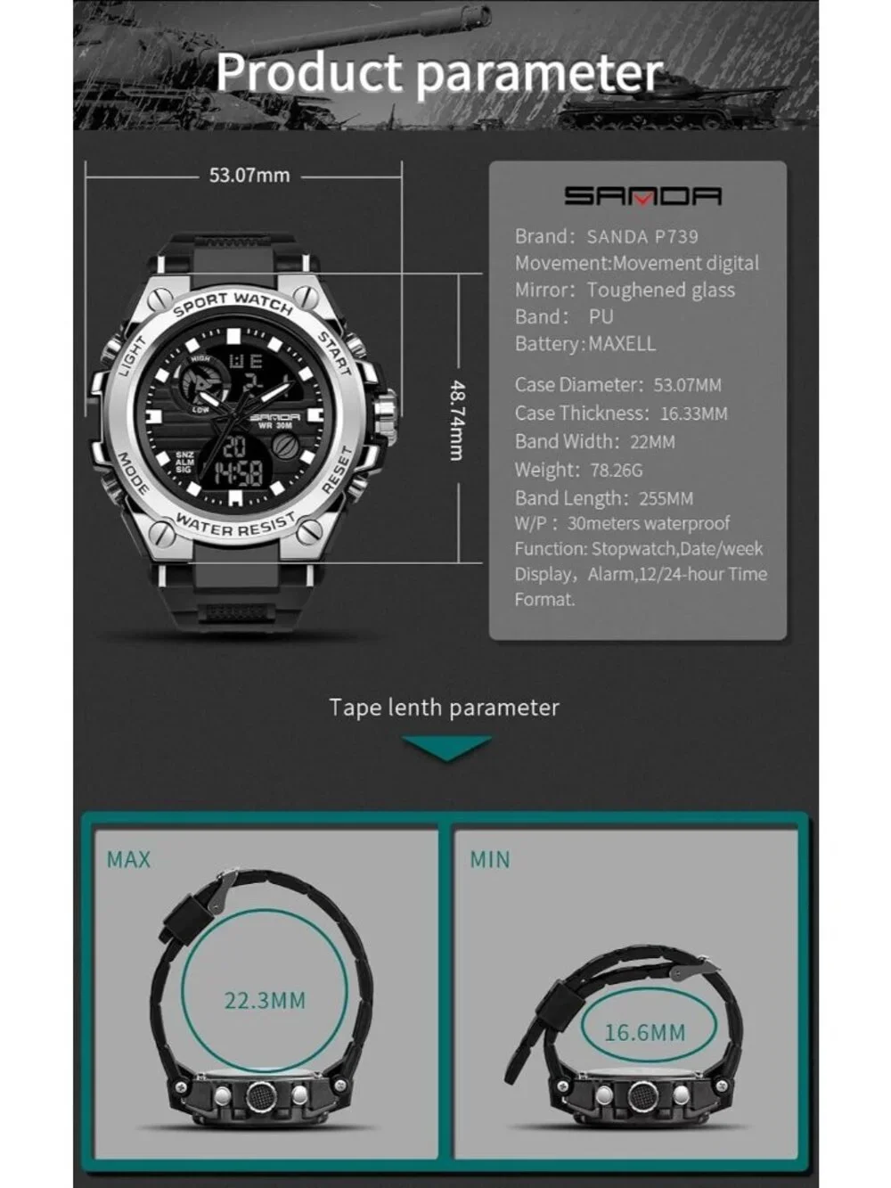 Men's Silver Analog Quartz Sports Waterproof Military Tactical LED Digital Watch